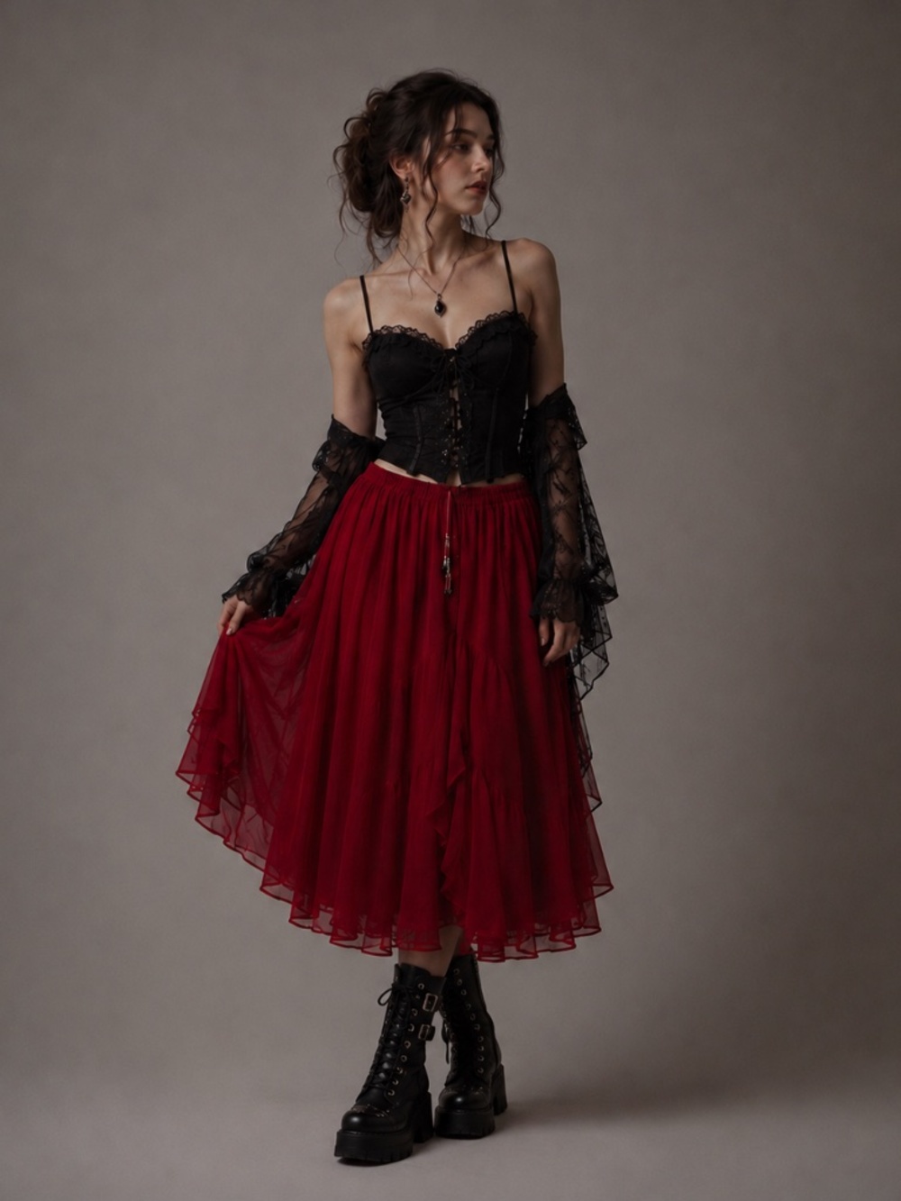 Vtg Silver Stream Red Chiffon Tiered Midi Skirt OS Boho Vampire Goth Chic Fairy